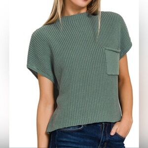 Zenana Outfitters Mock Neck Ash Jade Ribbed Short Sleeve Cropped Sweater